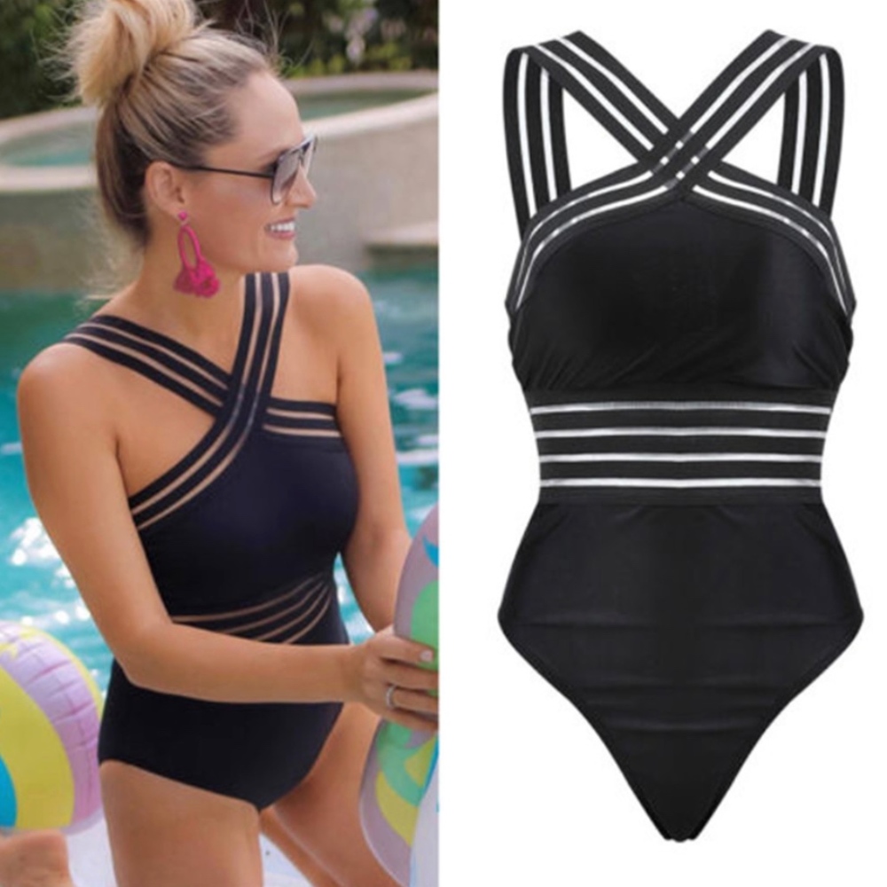 Black Cross Front One Piece Swimsuit